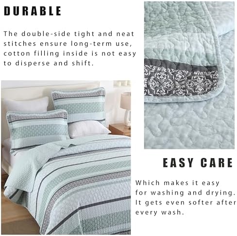 Homzard Cotton Queen Quilt Set Mint Green Grey Striped Bedding 3 Piece