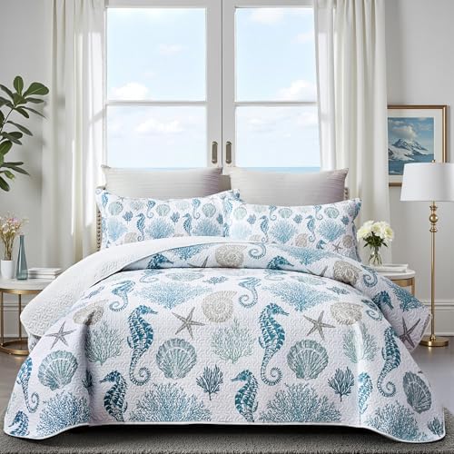Coastal Bedding Queen Quilt Set with 2 Shams
