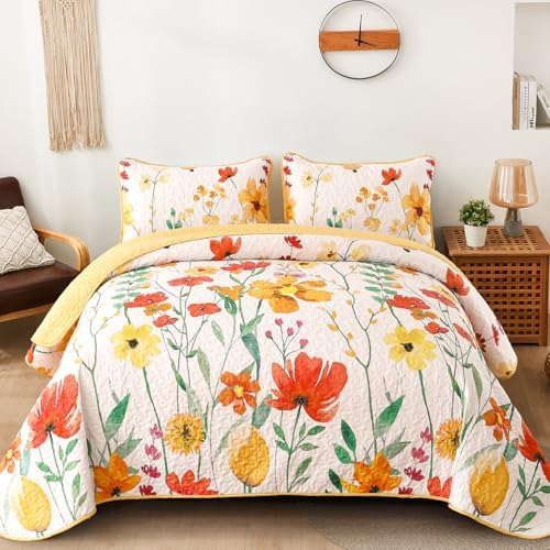 Anibedding Yellow Floral Quilt Set King Size