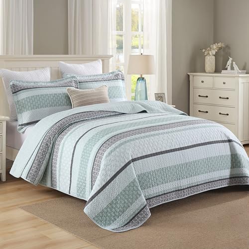 Homzard Cotton Queen Quilt Set Mint Green Grey Striped Bedding 3 Piece