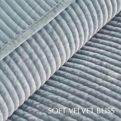 EVERGRACE Velvet Quilt Set King Size - Blue Linen