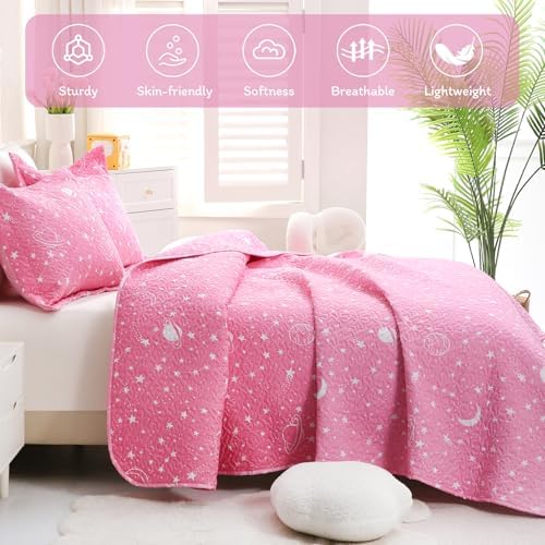 JSD Gradient Pink Stars Kids Quilt Set Full Queen Space Theme