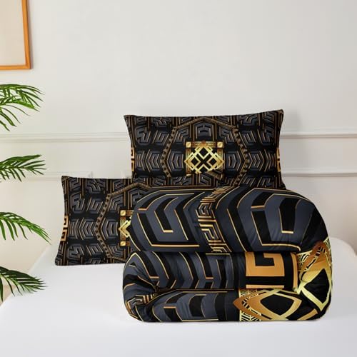 Black Gold Plaid Comforter Set Queen Size