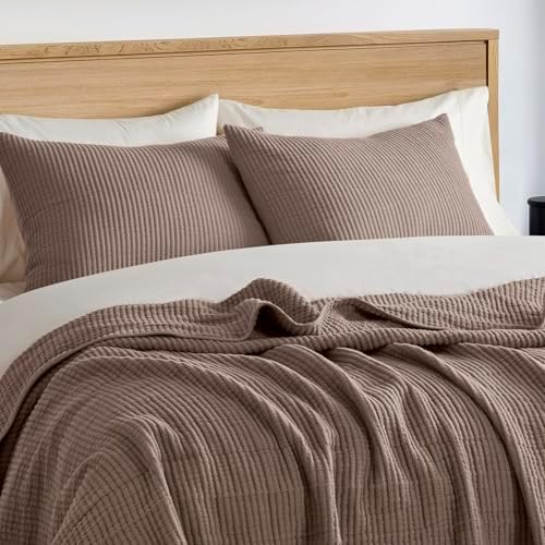 EVERGRACEHOME Cotton Coverlet Set Full Queen 3 Piece Mocha Brown