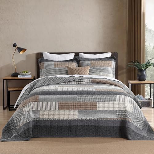 Soforpring 100 Cotton Cal King Bedspread Set - 120x120 Gray Farmhouse Plaid 3pcs