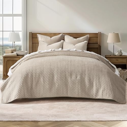 EVERGRACE Velvet Quilt Set King Size 3 Piece Light Taupe