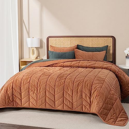 Evergrace Burnt Orange Velvet Quilt Set with 2 Shams