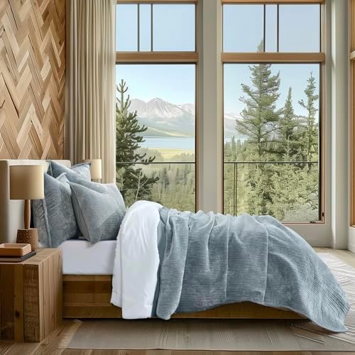 EVERGRACE Velvet Quilt Set King Size - Blue Linen