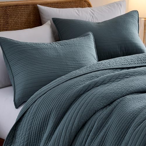 PALASSIO Striped Blue Grey Cotton Quilt Cal King Set