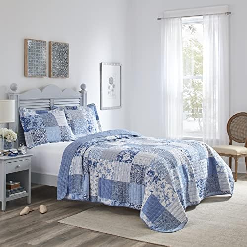 Laura Ashley Twin Quilt Set - Paisley Printed Patchwork Blue