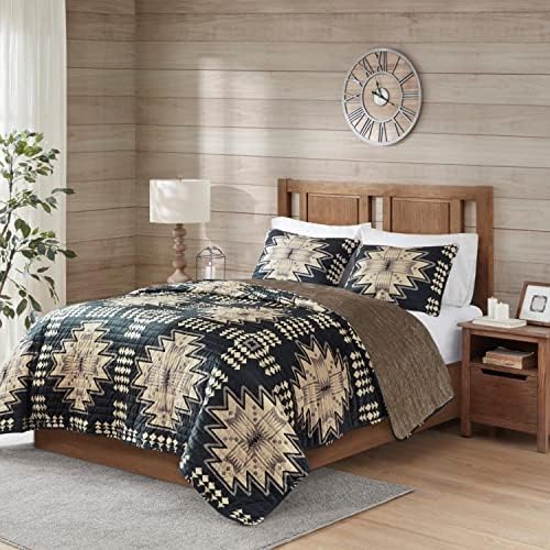 Woolrich Sierra Oversized Quilt Set - Aztec Print Tan Black 3 Piece