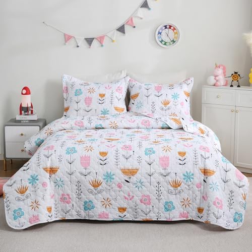 CIMVI Girls Pink Floral Quilt Set Full Size Kids Bedding