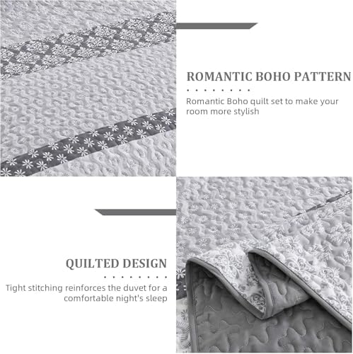 Boho Quilt Set Full Size Gray Striped Bedding 3 Pieces
