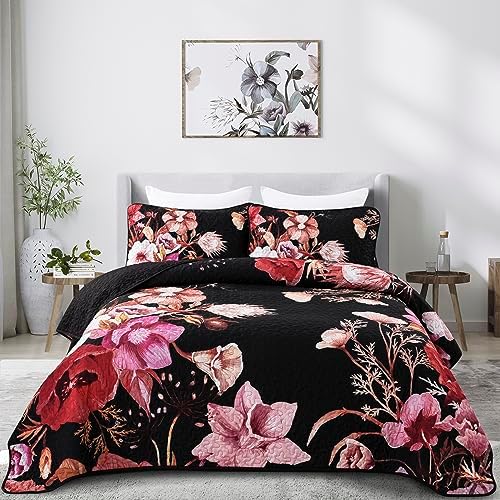 Drucon Red Floral Queen Quilt Set 3 Piece