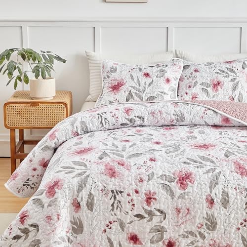 Flysheep Botanical Quilt Set 3 Piece Blush Pink Grey Flowers