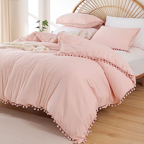 YIRDDEO Queen Comforter Set - 3 Piece with Pom Fringe Blush