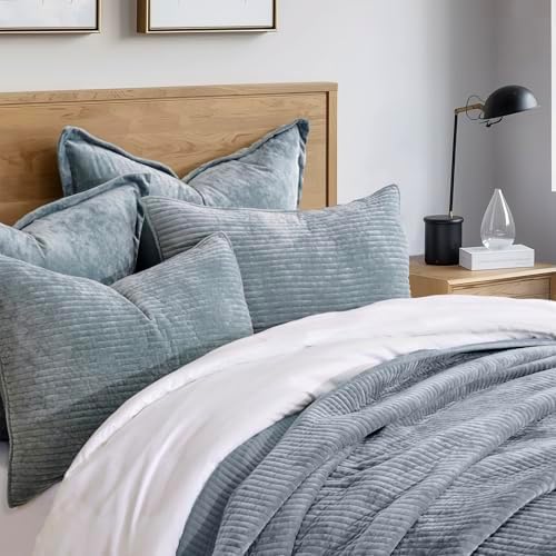 EVERGRACE Velvet Quilt Set King Size - Blue Linen