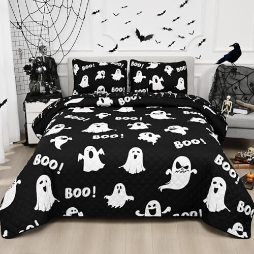 ASPMIZ Halloween Queen Quilt Set 90x90 Reversible Black Ghost Comforter