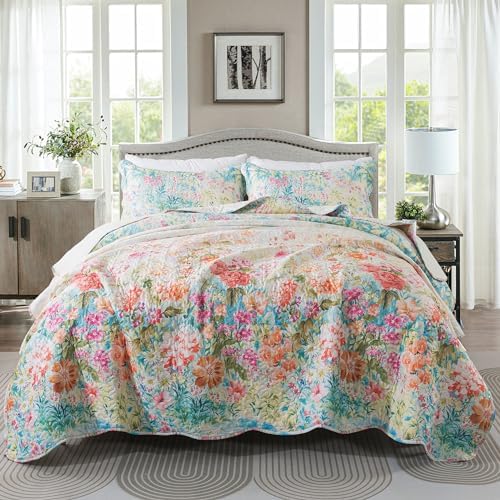 HoneiLife King Quilt Set - Floral Design Coral Pink