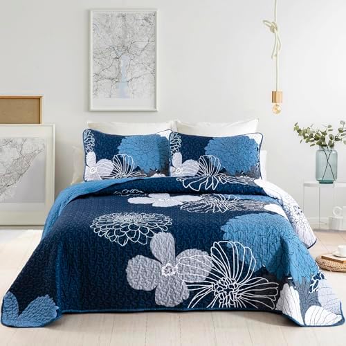 Anibedding 3 Piece Navy Blue Floral Quilt Set Queen Size