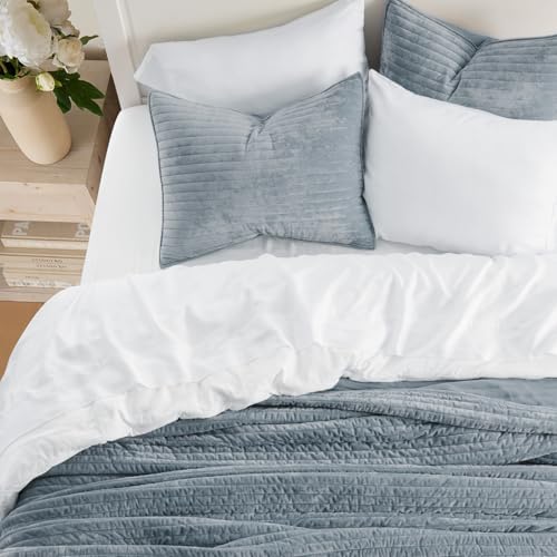 EVERGRACE Velvet Quilt Set - Dusty Blue King Size