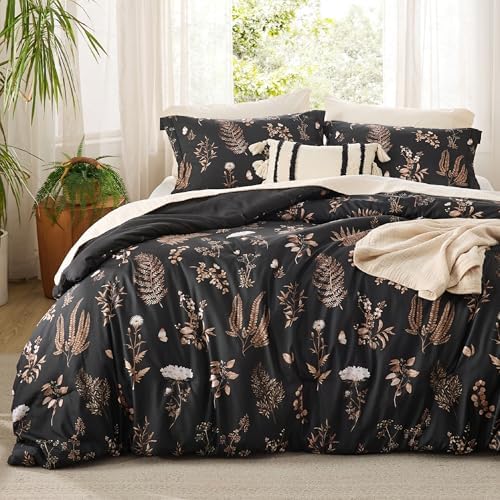 Bedsure Comforter Set King Size - Floral Reversible Black Bedding