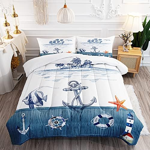 Suncloris Nautical Sailboat Comforter Set Queen Size Dark Blue