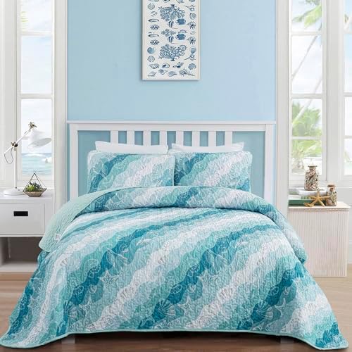 Dinjoy Coastal Blue Green Queen Quilt Set