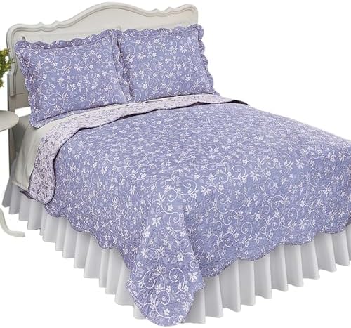 Collections Etc Reversible Floral Quilt with Scalloped Edges Lavender King