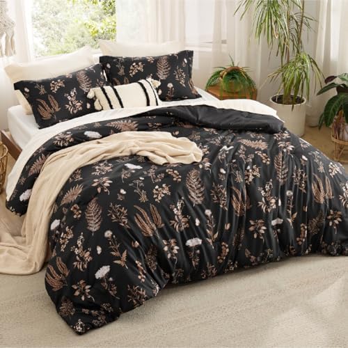 Bedsure Comforter Set King Size - Floral Reversible Black Bedding