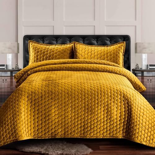 Tribeca Living Velvet King Quilt Set - 260GSM Velvet Honeycomb Stitch Gold