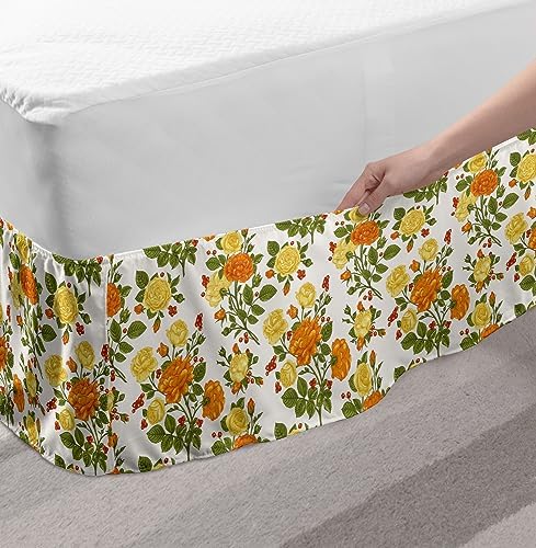 Lunarable Floral Bed Skirt Dark Orange Yellow Green