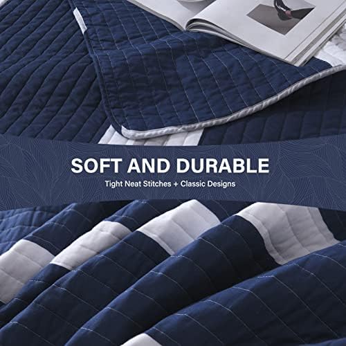 SahSahCasa Queen Quilt Set - Navy Blue Striped 3 Pieces 100 Cotton