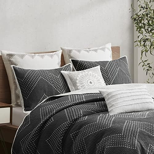 INKIVY Reversible Chevron Cotton Quilt Set - 3 Piece Black FullQueen