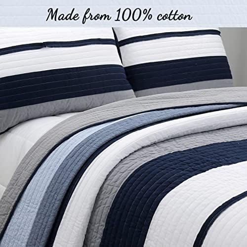 Cozy Line Tranquil Blue Gray Striped Reversible Quilt Bedding Set Queen - 3 Piece