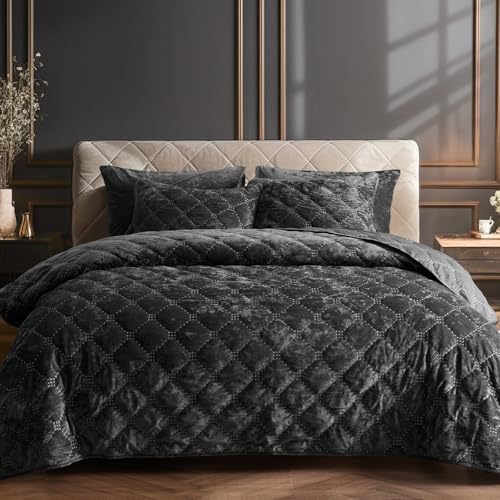 PHF Luxury Velvet Quilt Set King Size Black