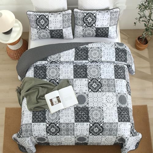 Dobuyly Grey Black Patchwork Quilt Set Queen Size