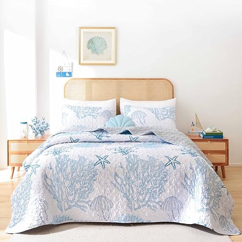 Weigelia Coastal Quilts Queen Bedding Set - Blue Nautical Comforter with Pillow Cases