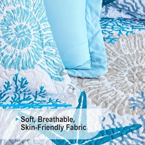 Tritard 3 Piece Coastal Quilt Set FullQueen - Reversible Microfiber with 2 Shams