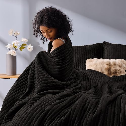 SHALALA Velvet Quilt King Size Set Dark Brown 3-Piece