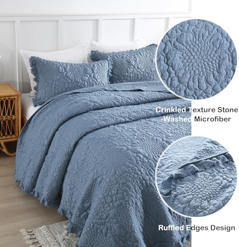 HORIMOTE HOME Blue Ruffled Quilt Set Queen Size 3 Piece