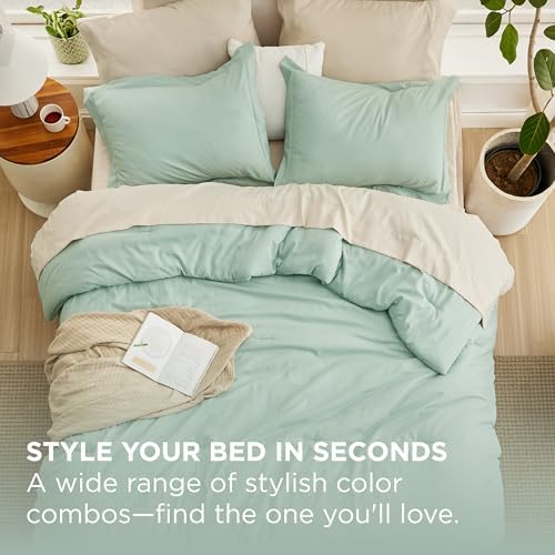 Bedsure Queen Comforter Set - 7 Piece Sage Green Bedding with Contrasting Design