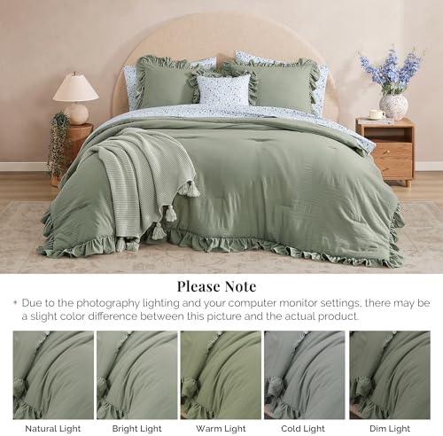 BLOOMHAVEN Queen Comforter Set 7-Piece Ruffle Sage Green