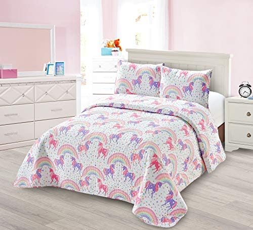 Kids Zone Unicorn Stars Hearts Rainbow Twin Bedspread Set