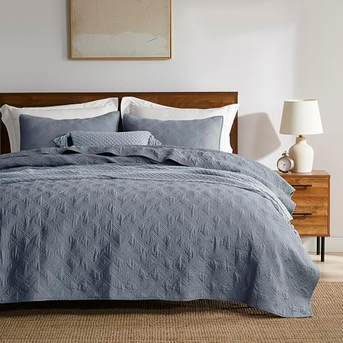 WDCOZY Blue Grey Cotton Quilt Set King Size 1