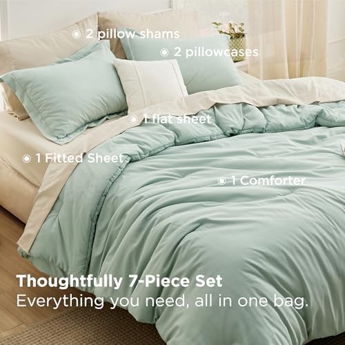Bedsure Queen Comforter Set - 7 Piece Sage Green Bedding with Contrasting Design