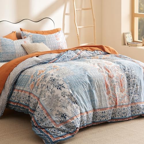 Bedsure Queen Duvet Cover Set - 100 Cotton Reversible Floral with Zipper Closure