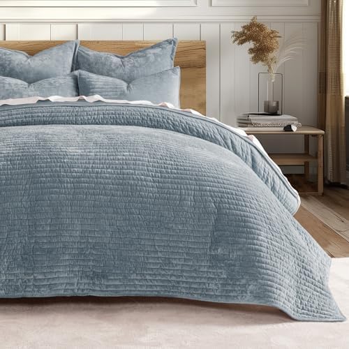 EVERGRACE Velvet Quilt Set - Dusty Blue King Size