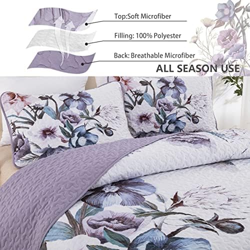 Drucon Purple Floral Quilt Set Queen 3 Pieces