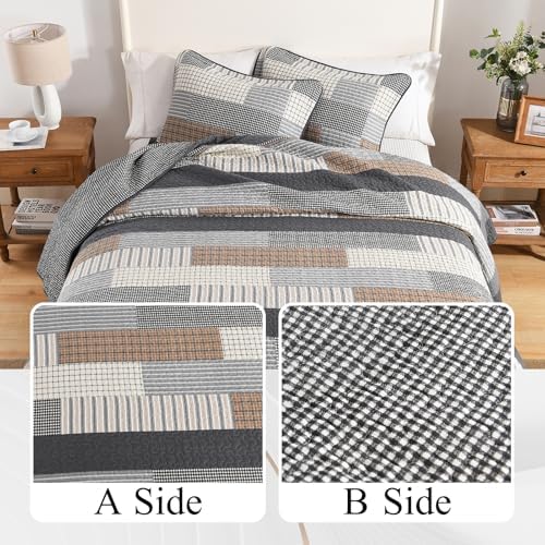 Soforpring 100 Cotton Cal King Bedspread Set - 120x120 Gray Farmhouse Plaid 3pcs